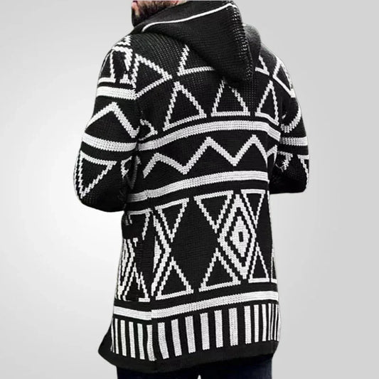 Men Cardigan Open Stitch Sweaters Mid Length Coat Hooded Full Sleeve Splice Knit Casual Regular Coats Autumn Winter 2024