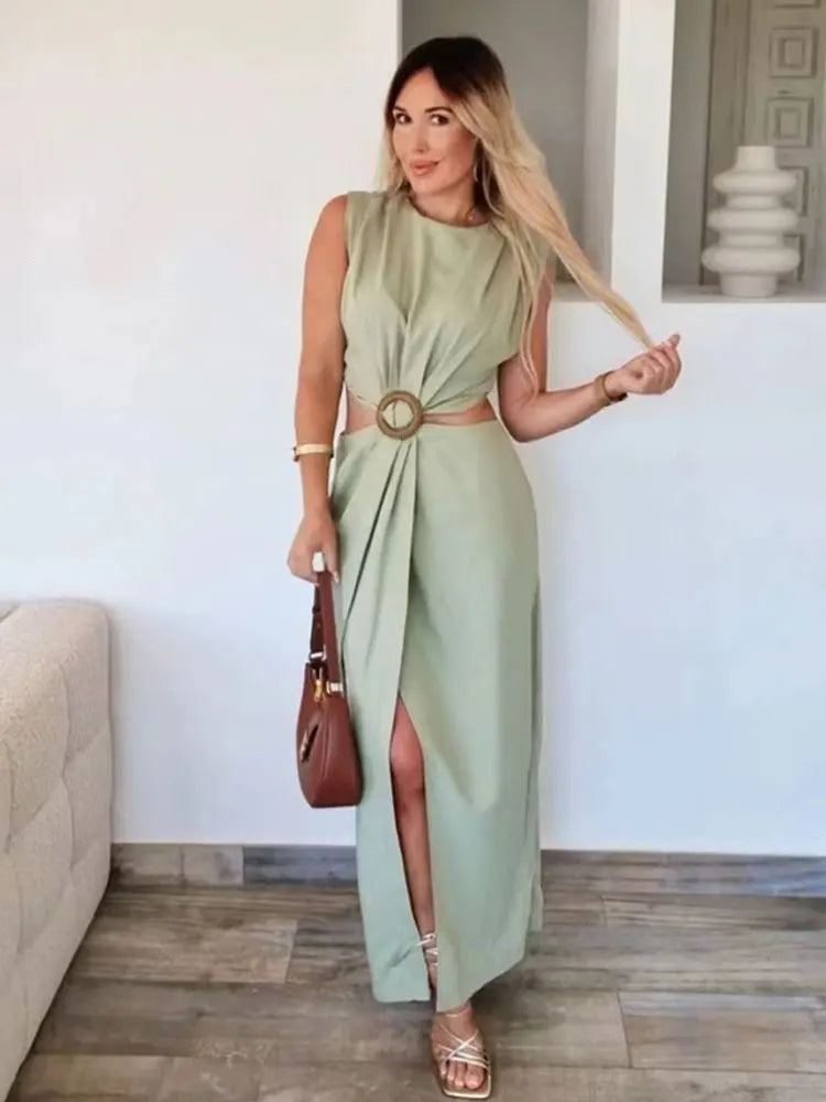 Summer Dress For Women 2024 Solid Waist Hollow Out O-Neck Sleeveless Slit Long Dresses Wild Casual Beach Woman Even Dress