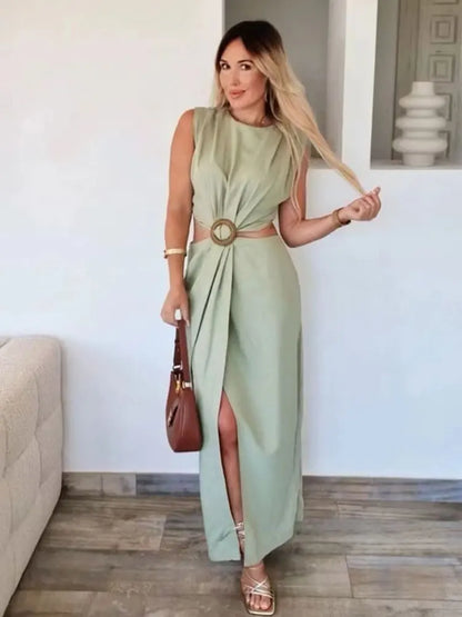 Summer Dress For Women 2024 Solid Waist Hollow Out O-Neck Sleeveless Slit Long Dresses Wild Casual Beach Woman Even Dress