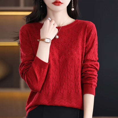 Worsted Wool Sweater Women's Spring 2023 New Western-Style Solid Color Round Neck Top With Long Sleeve Bottom Hollowed-Out Thin