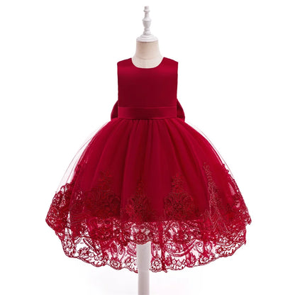 Trailing Party Dresses For Girl Pink Flower Bow Wedding Bridesmaid Girls Dress Elegant Tulle Birthday Princess Evening Prom Gown