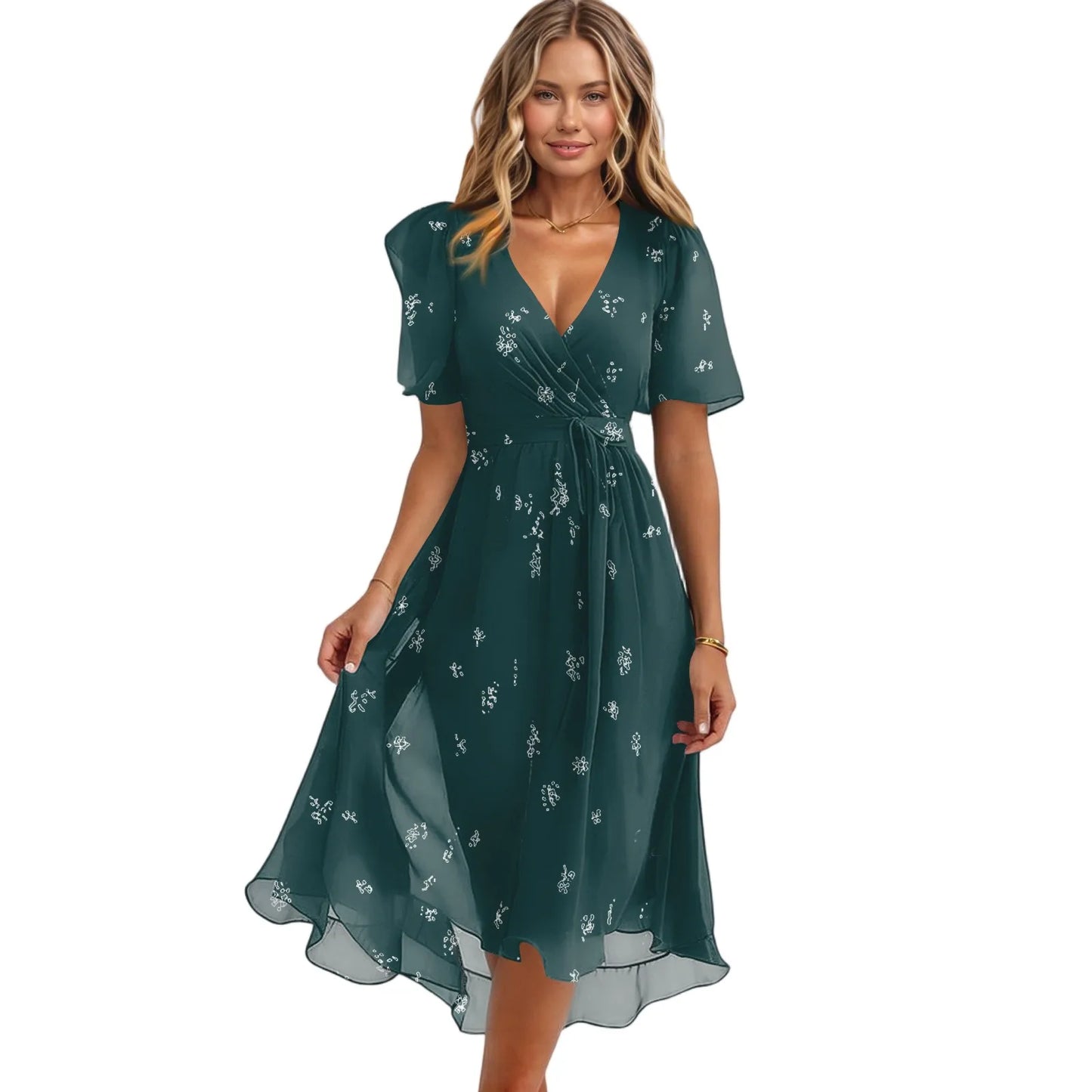 Women Summer Thin Dress Daily Casual Fashion Wrinkles V-Neck Waist Cinching A-Line Zipper Dress Lightweight Comfy Vacation Dress