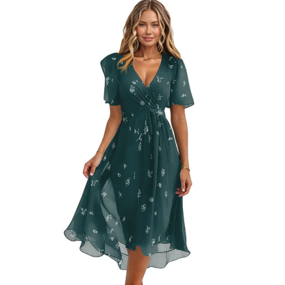 Women Summer Thin Dress Daily Casual Fashion Wrinkles V-Neck Waist Cinching A-Line Zipper Dress Lightweight Comfy Vacation Dress