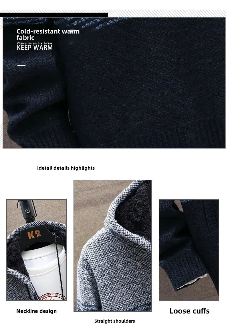 Men's Autumn/winter Hooded Knit Jacket Fleece-lined Thickened Casual Loose-fit Knitted Cardigan Outer Wear Sweater