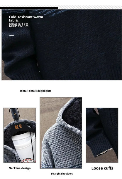 Men's Autumn/winter Hooded Knit Jacket Fleece-lined Thickened Casual Loose-fit Knitted Cardigan Outer Wear Sweater