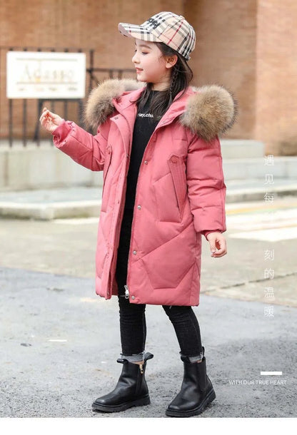 Winter Warm Jackets for Girls Two Colors Faux Fur Hooded Coat Kids White Duck Down Parkas Children Cotton Long Outwear