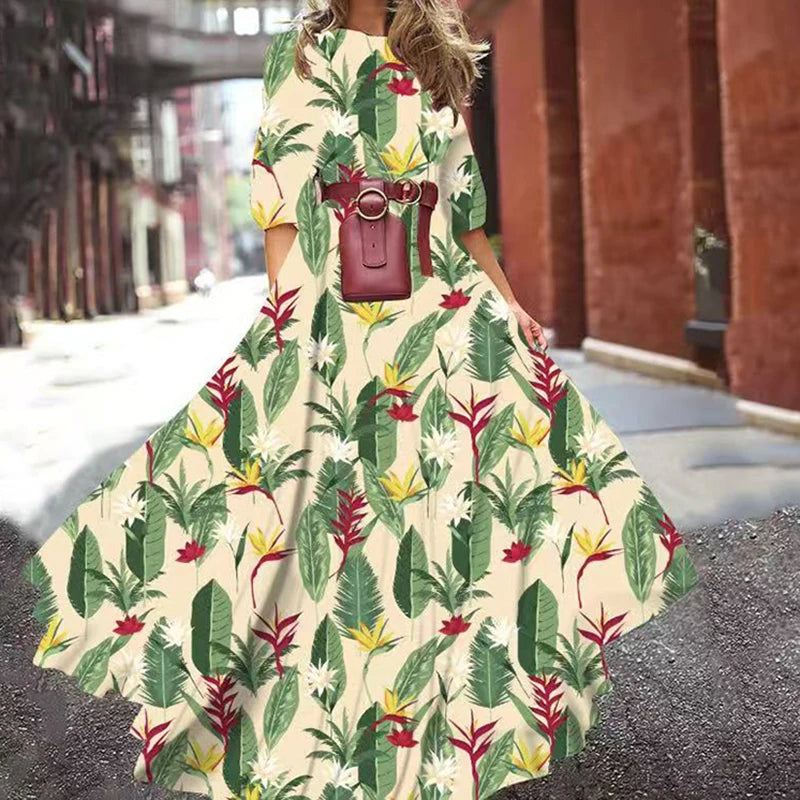 Summer Bohemian Floral Long Dress For Women Casual Holiday Beach Zipper Round Collar Pocket Slim-fitting Swing Robe Vestidos