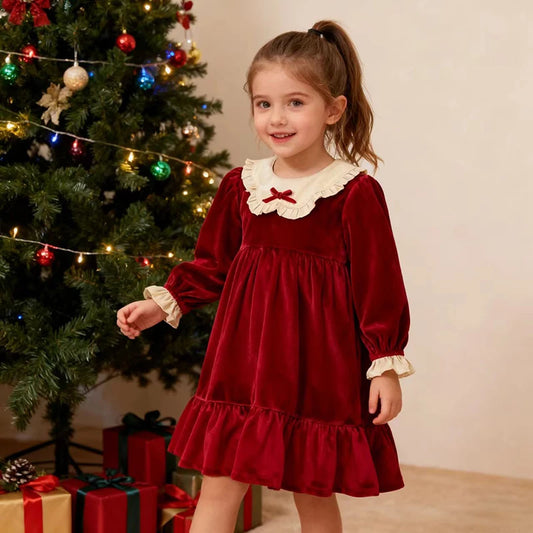 Christmas New Baby Girls Dress Winter Velvet Clothes Kid Girl Party Dress Red Bow Kids Clothing Princess Children Dresses Girls
