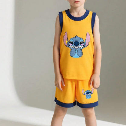 Summer Boys Basketball Clothes Sets Breathable Mesh Children's Casual Outfits Stitch Printed Kids Vest and Shorts 2pcs Suit New