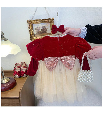 Winter Bow Sequin Dress for Girls' 2025 New Fashion Baby Red Christmas Dresses Velvet Patchwork Mesh A-line Princess Dress