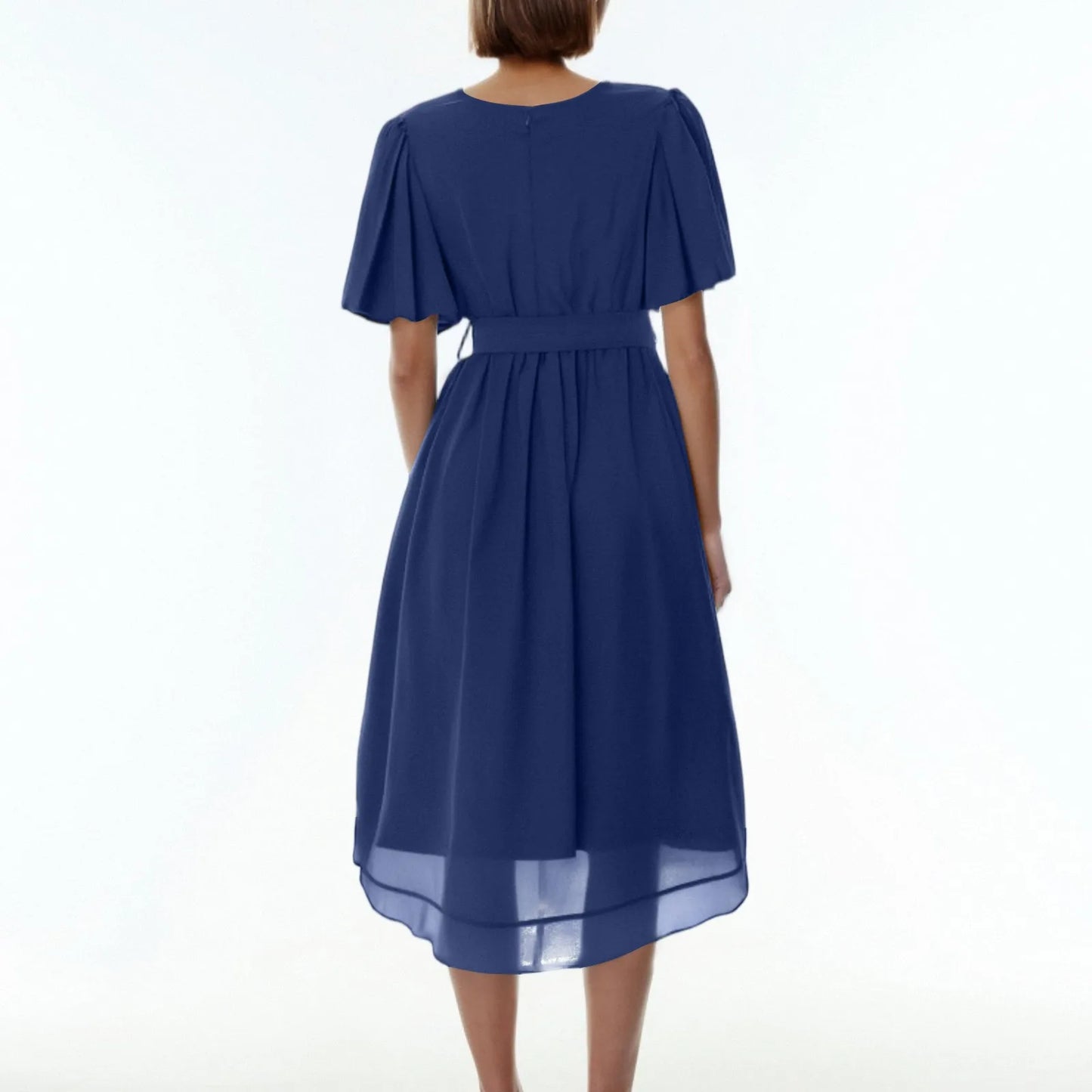 Women Summer Thin Dress Daily Casual Fashion Wrinkles V-Neck Waist Cinching A-Line Zipper Dress Lightweight Comfy Vacation Dress