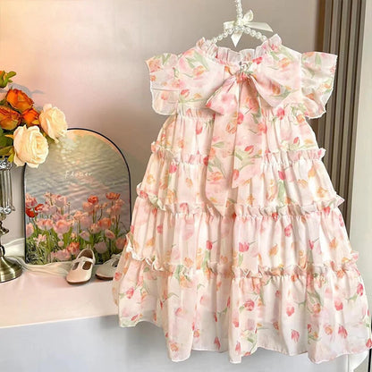 New Girls' Dress Summer Dress 2025 Korean Version Stylish Children's Floral Dress Super Fairy Little Girl Princess Dress