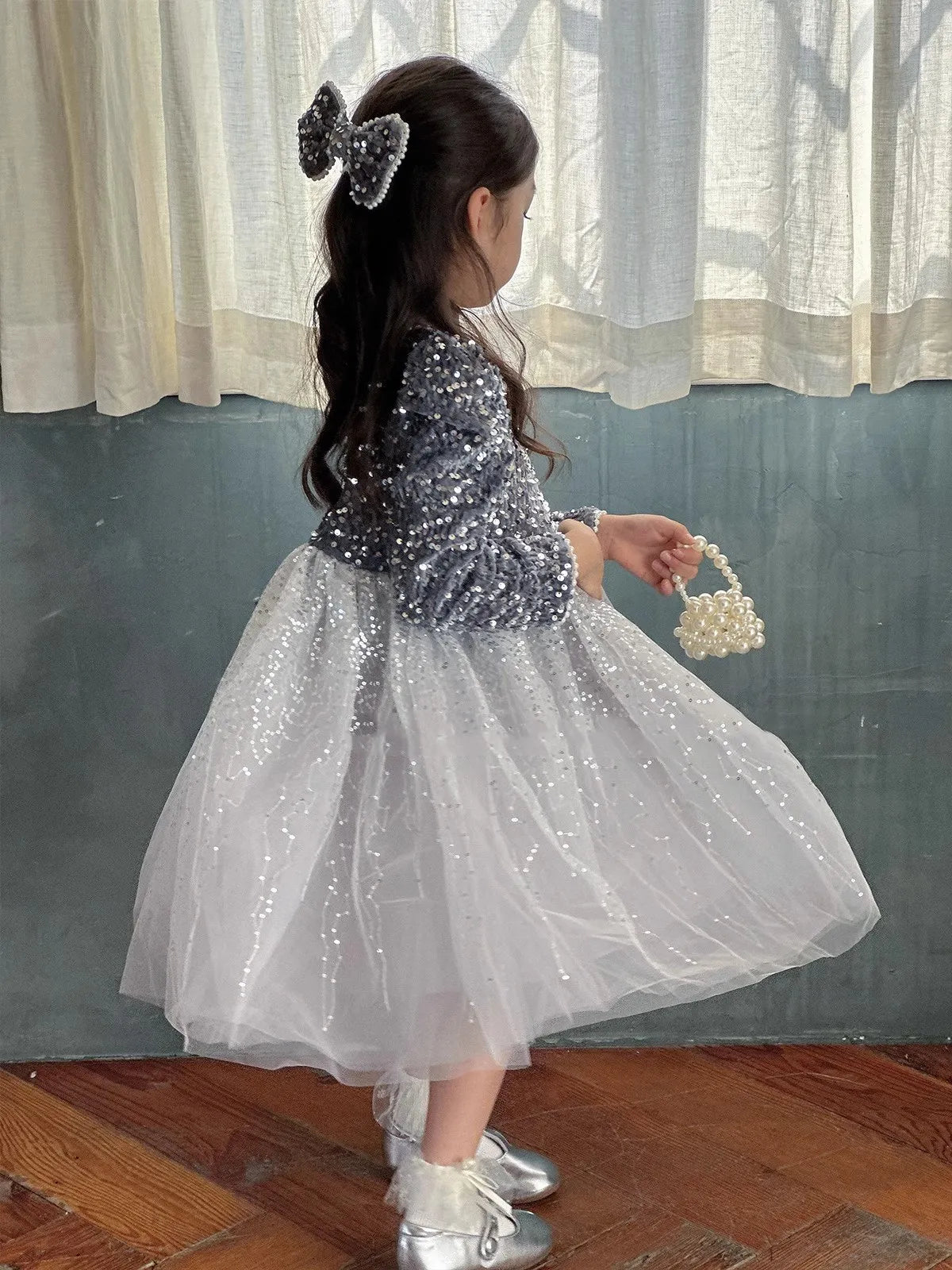 Winter Baby Girls Sequin Work Fleece Lined 4-Layer Mesh Zip Back Dresses with Head Veil Kids Outfit Children Sweet Skirt 2-8 Yr