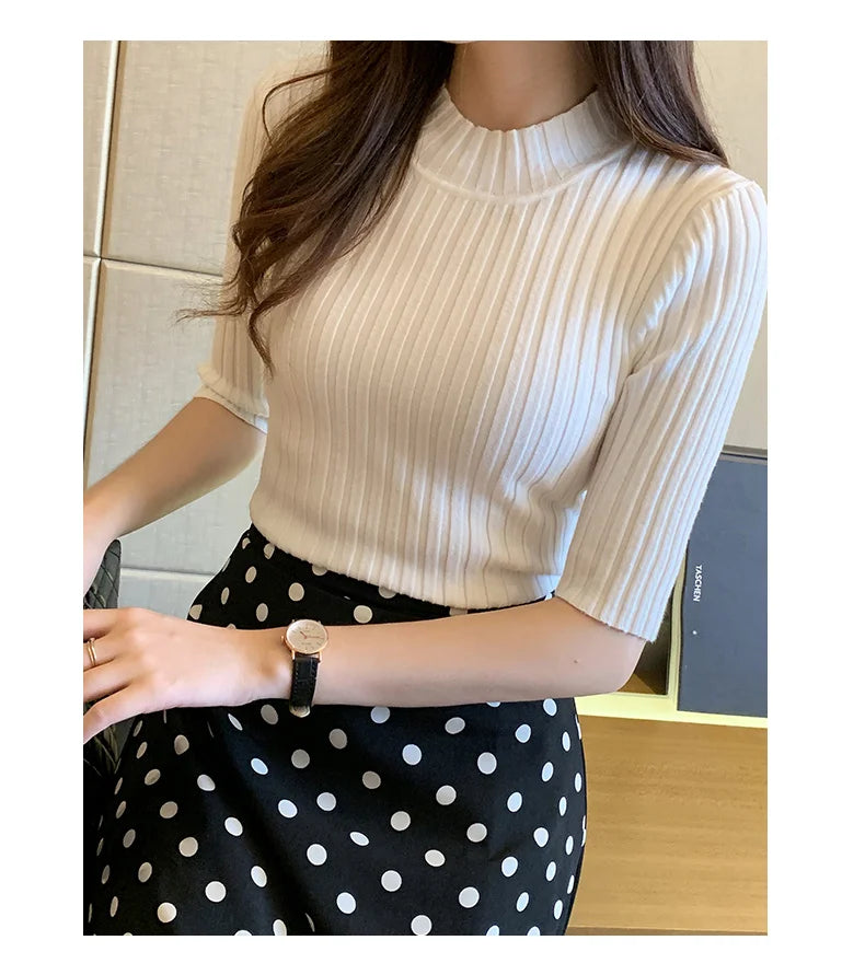 Fall Korean Style Women's Sweaters Solid Color Slim Fit Half Sleeve Knitted Pullover Jumpers Basic WomanTshirt T-shirt Tee Shirt