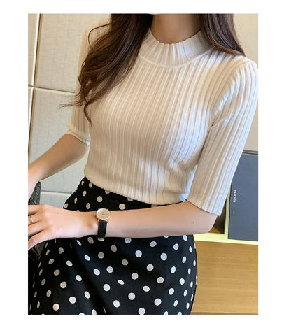 Fall Korean Style Women's Sweaters Solid Color Slim Fit Half Sleeve Knitted Pullover Jumpers Basic WomanTshirt T-shirt Tee Shirt