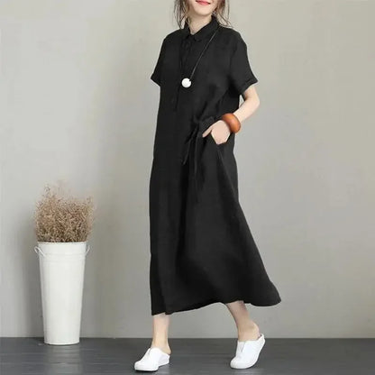 Women Summer Temperament Dress New Solid Color Lapel Short Sleeved Loose Pocket Casual Dress for Women Cotton Linen Clothing