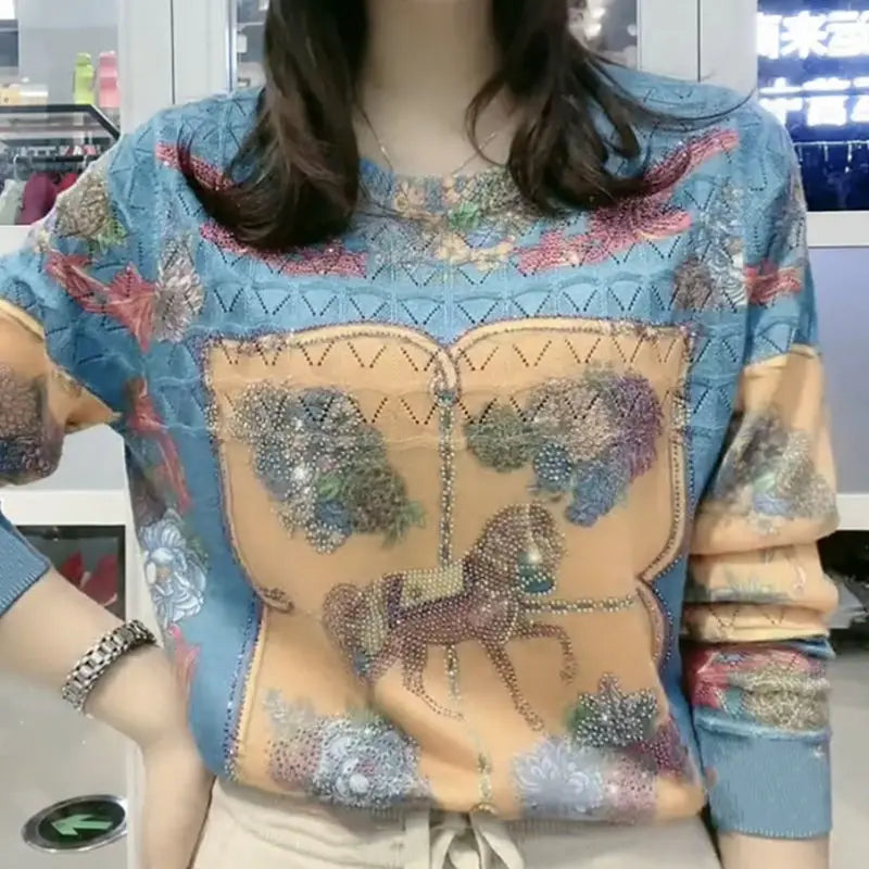 Autumn Winter O Neck Printing Diamonds Sweater Ladies Loose Casual Pullover Knitting Top Women Fashion Trend All-match Jumpers