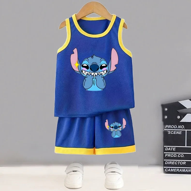 Summer Boys Basketball Clothes Sets Breathable Mesh Children's Casual Outfits Stitch Printed Kids Vest and Shorts 2pcs Suit New