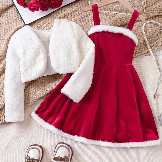 Girls Winter White Coat and Red Velvet Strappy Dress Kids Christmas Party Outfit 2 Pcs Clothing Set