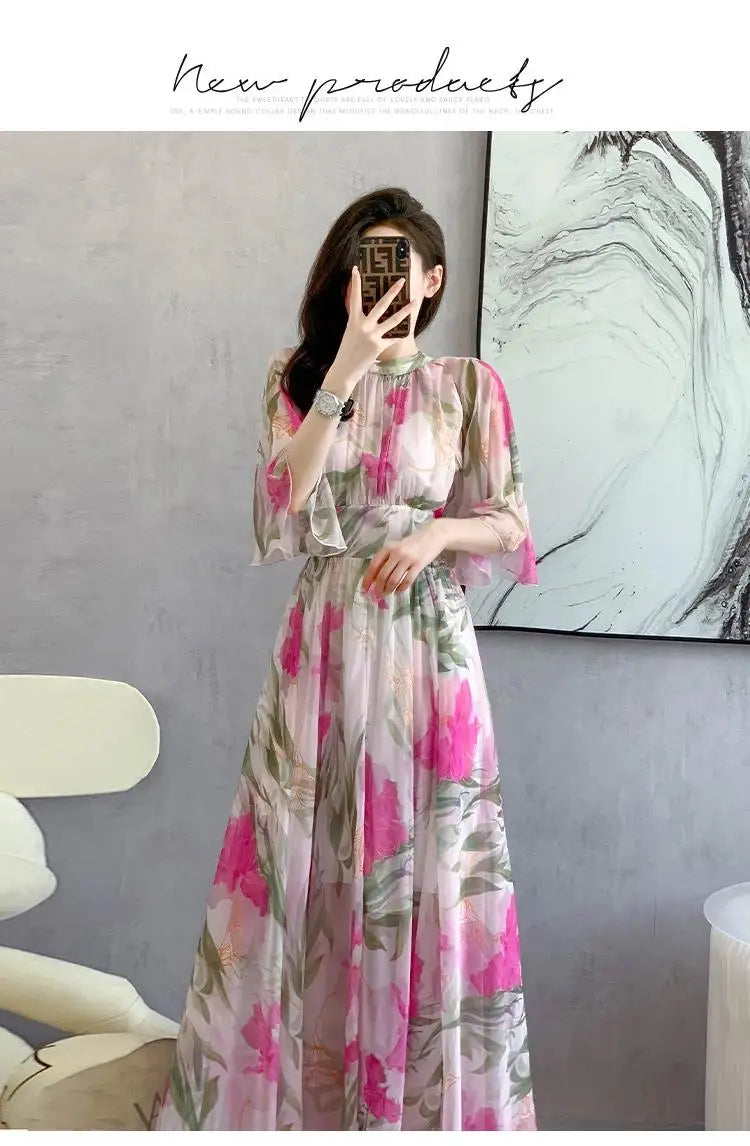 Summer Holiday Floral Dress Women Beach Flower Print Flare Sleeve Back Bow Lace Up High Waist Draped Chiffon Party Long Vestidos