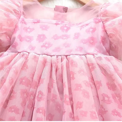 Summer Dress For Girls Children's Clothing Pink Floral Puff Sleeve Dress Baby Chiffon Princess Dress For Daily Holiday Dresses