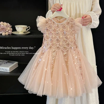 Girls Dress 2025 Summer New Children Elegant Princess Dress Baby Fashion Mesh Flying Sleeve Tank Top Dress
