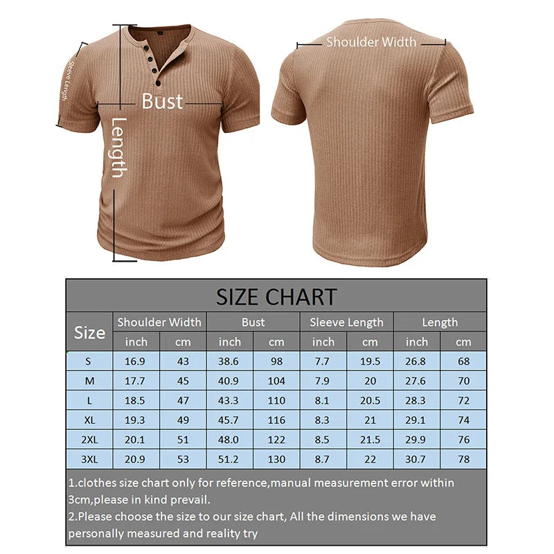 Summer Trend Men's Short Sleeve Casual T-Shirts Solid Henley Neck Button Up Pullover Tops Spring Turn Down Collar Basic Shirt