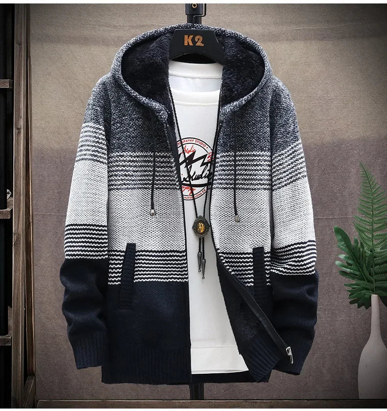 Men's Autumn/winter Hooded Knit Jacket Fleece-lined Thickened Casual Loose-fit Knitted Cardigan Outer Wear Sweater