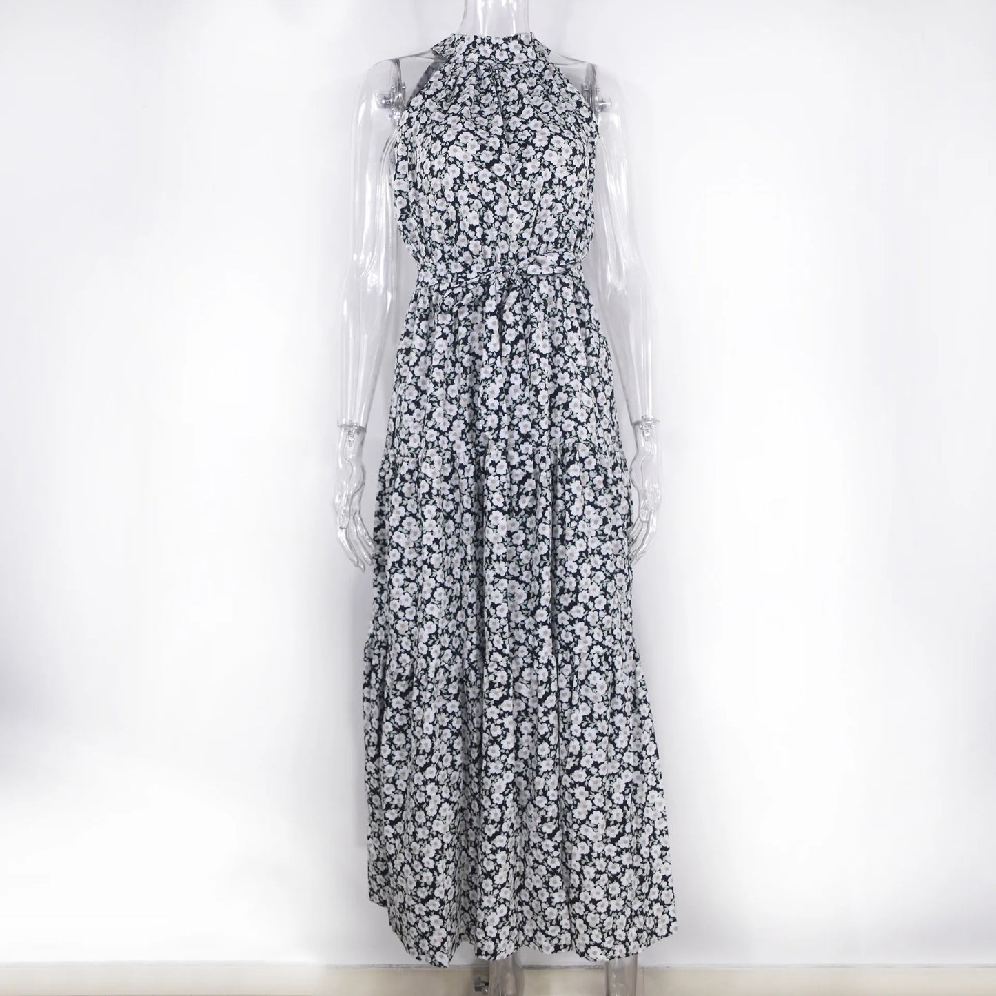 Summer Floral Print Halter Neck Dresses For Women Sleeveless Leace-up Long Dress Casual Beach Holiday Vestidos Female Clothing