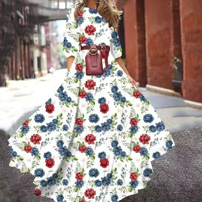 Summer Bohemian Floral Long Dress For Women Casual Holiday Beach Zipper Round Collar Pocket Slim-fitting Swing Robe Vestidos