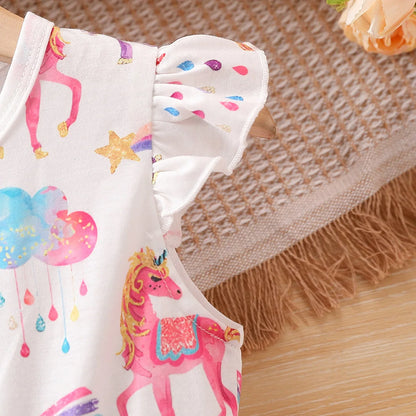 Summer Girls Dress For Kids 1-8 Years old Fashion Cute Cartoon Unicorn Ruffled Tulle Sleeve Princess Dresses For Holiday