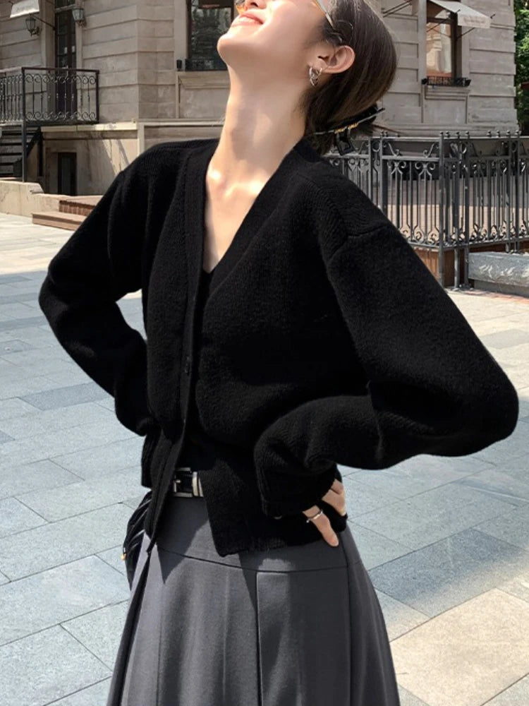 Zjaiss 2025 Autumn Winter Elegance Solid Color V-neck Sweater Knitted Casual Cardigan Unique And Niche Slim Fit Tops