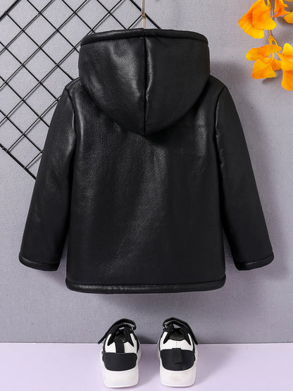 Fall/Winter Boys fashion hooded PU leather black button-lined wool top