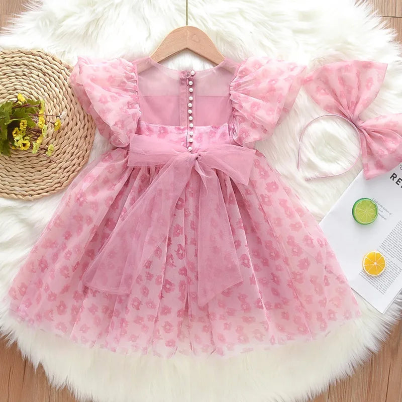Summer Dress For Girls Children's Clothing Pink Floral Puff Sleeve Dress Baby Chiffon Princess Dress For Daily Holiday Dresses