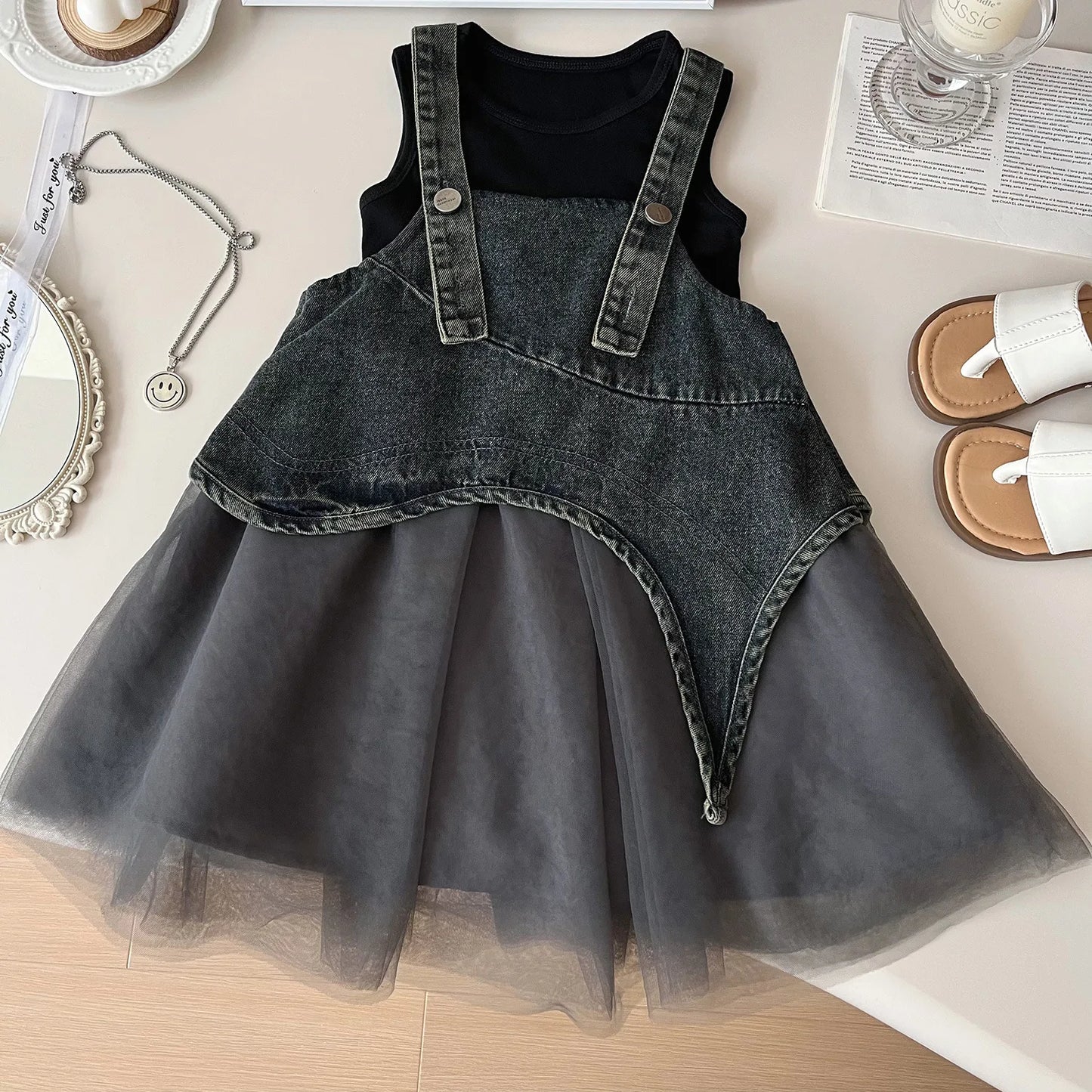 Girls Summer Dress 2025 New Summer Strap Dress Children Princess Denim Fashion Yarn Patchwork Dress
