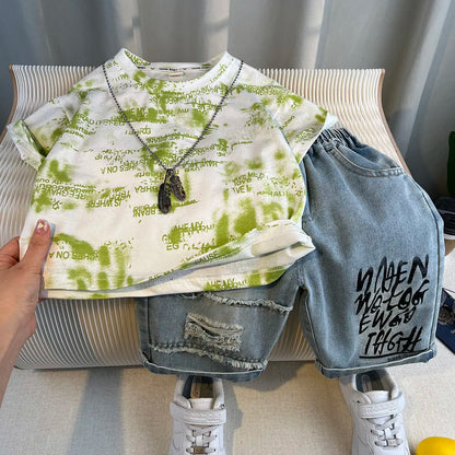 Boys Summer 2025 Boutique Design Outfits Baby Boys Short Sleeve Striped T-Shirt Jeans Shorts 2pcs Korean Clothes for Children