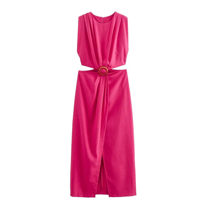 Summer Dress For Women 2024 Solid Waist Hollow Out O-Neck Sleeveless Slit Long Dresses Wild Casual Beach Woman Even Dress