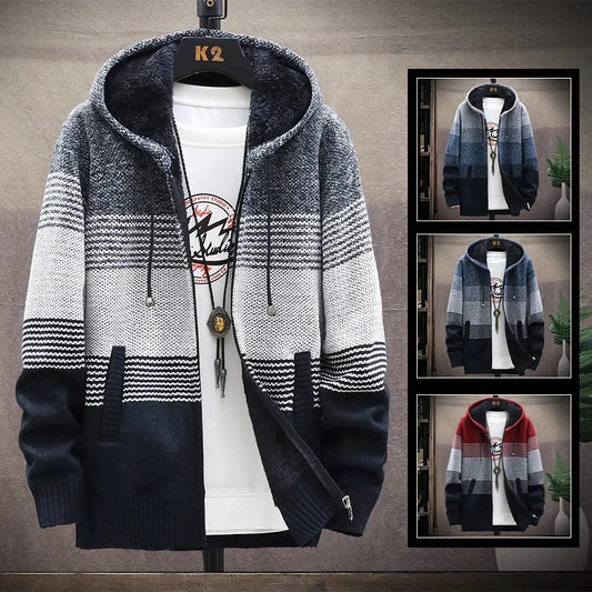 Men's Autumn/winter Hooded Knit Jacket Fleece-lined Thickened Casual Loose-fit Knitted Cardigan Outer Wear Sweater
