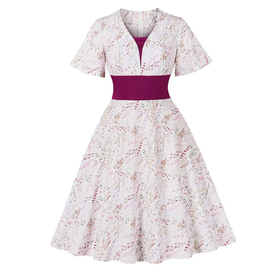 Women's Summer Short Sleeve V-Neck Floral Short Party Dress Vintage Robe Elegant Retro Office Midi Dresses
