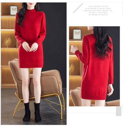 New Vintage Autumn Women's Clothing Half Turtleneck Warm Winter Sweater Dress Long Sleeve Pollovers Top Female Knitwear Jumper