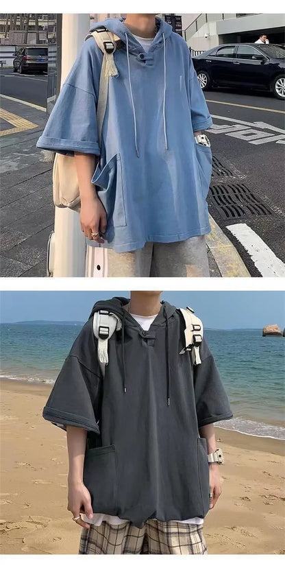 Summer Men's Short-sleeved Sweatshirt with Hat High Street Trend New T-shirt Half-sleeved Hooded Denim T-shirt