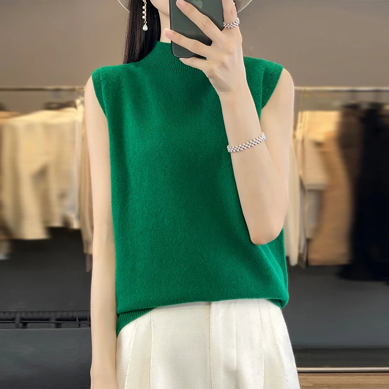 2024 Cashmere Vest Women's 100% Merino Wool Pullover Indoor Sleeveless Sweater Half-turtleneck Office Tops Waistcoat