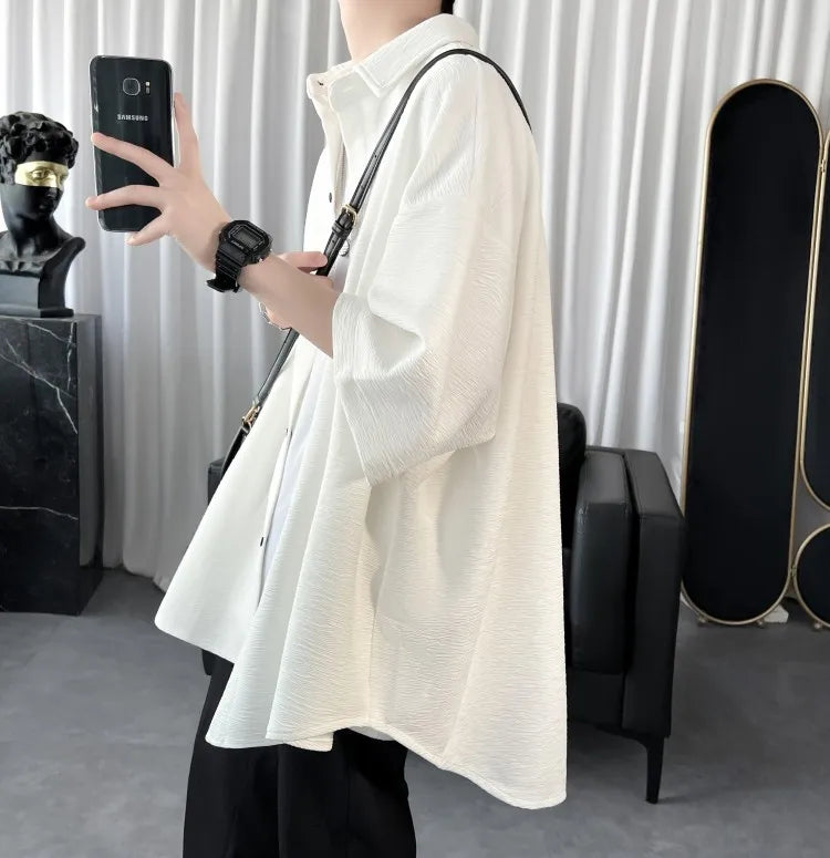 Summer Cool Men Short-sleeved Shirt Solid Color Fashion Plicated Casual Loose Button Shirt Male Clothing Tops