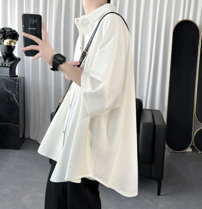 Summer Cool Men Short-sleeved Shirt Solid Color Fashion Plicated Casual Loose Button Shirt Male Clothing Tops