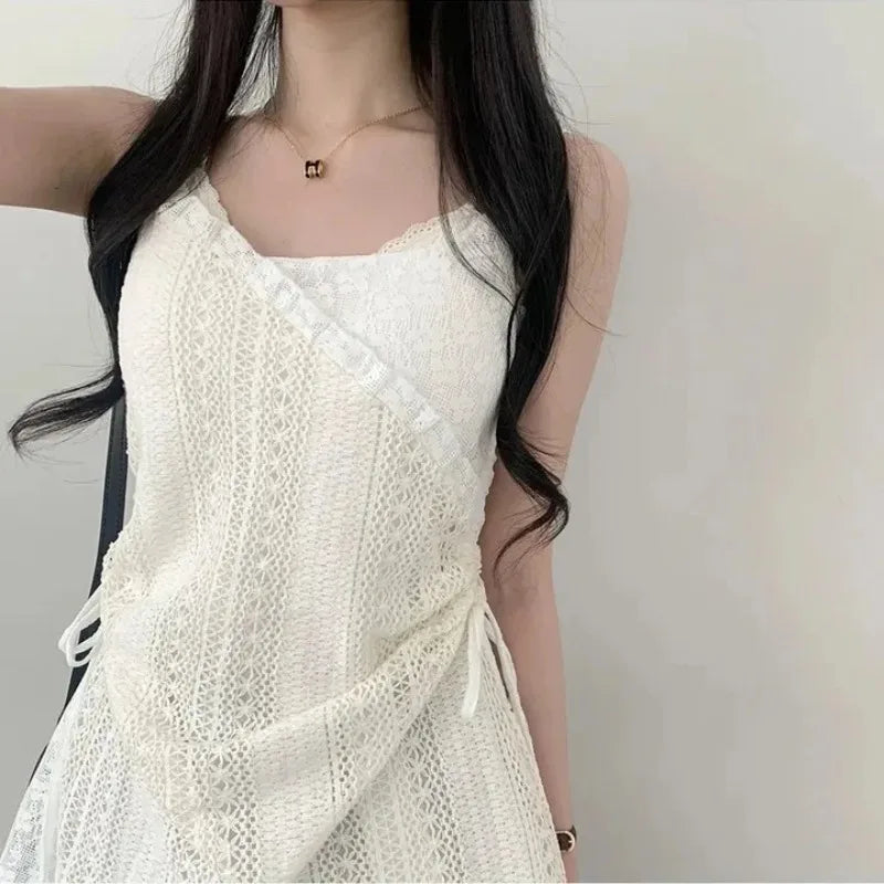 Summer Dress Women Chic French Lace Stitching Sling Shirt Stacked Gauze Knitted Dress Overskirt Inner Wear Base Short Dress