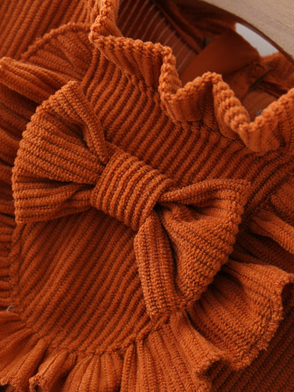 Winter New Girls' Dress Lace Pleated Bow Solid Color Two-Piece Long-Sleeved Dress + Cap Puffed Sleeve Lace Neckline