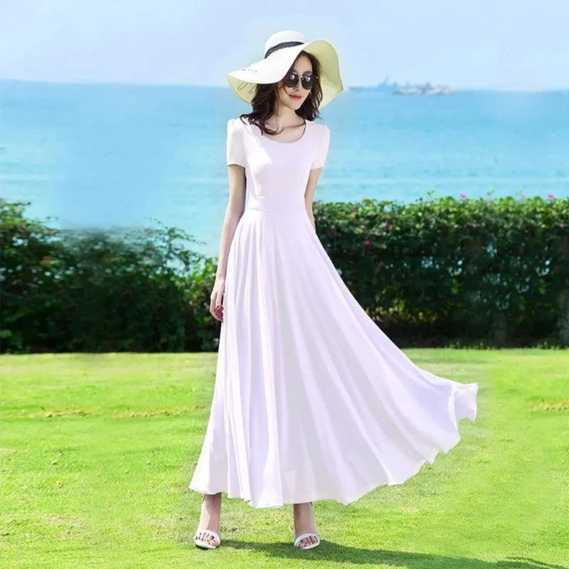 Summer Dress Women 2025 New Bohemian Beach Long Chiffon Dress Elegant Ladies Short Sleeve 5XL Sundress Women's Clothing Vestidos