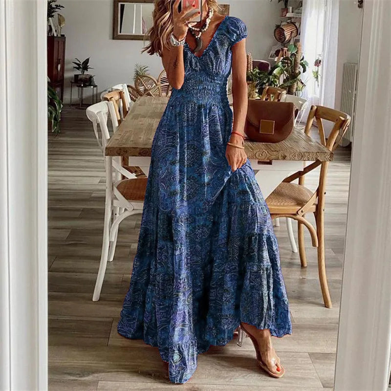 Women's Summer New Ethnic Style Printed Dress  Short-sleeved Waist Dress Fashionable Floral Petal Sleeves Large Hem A-line Dress