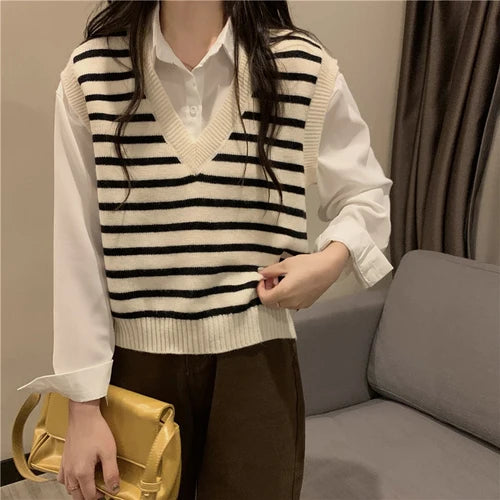 Women Autumn Winter Preppy Style Sweater Vest New Fashion Pullover Elastic Knit Ladies Jumper Casual Stripped Female Basic Tops