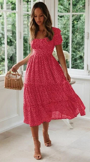 Summer Women's Beach Sweet Dresses Vestidos Vintage Print Puff Sleeve Casual Square Collar Floral Female Maxi Long Dress